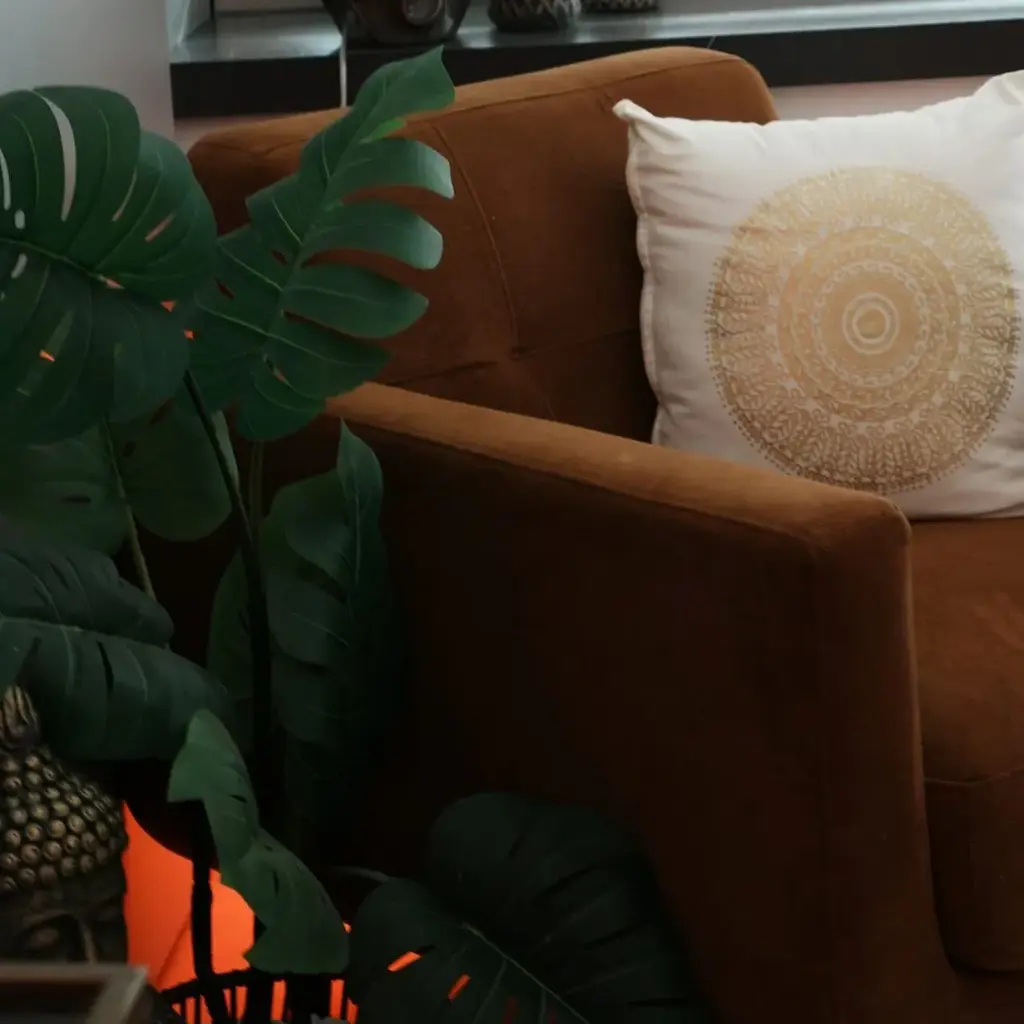 Samtsessel mit Kissen und Monstera in der Lounge von SYNYSSPACE.